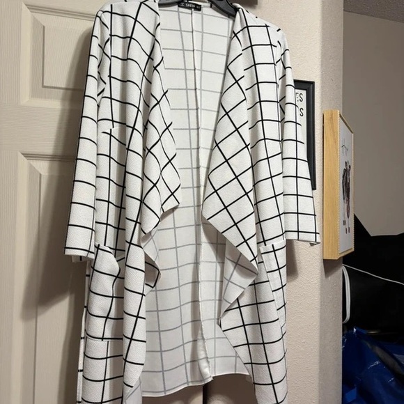 SHEIN Tops - SHEIN White Grid Open-Front Draped Cardigan